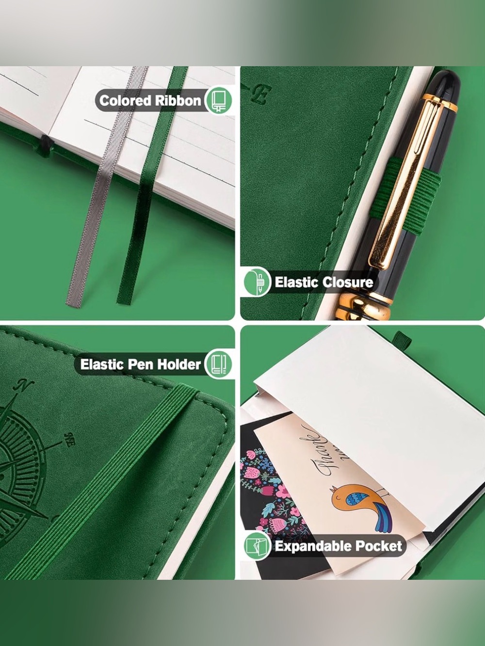 Emerald Green Leather Hardcover Journal Embossed Compass College Ruled NWT - Picture 6 of 11
